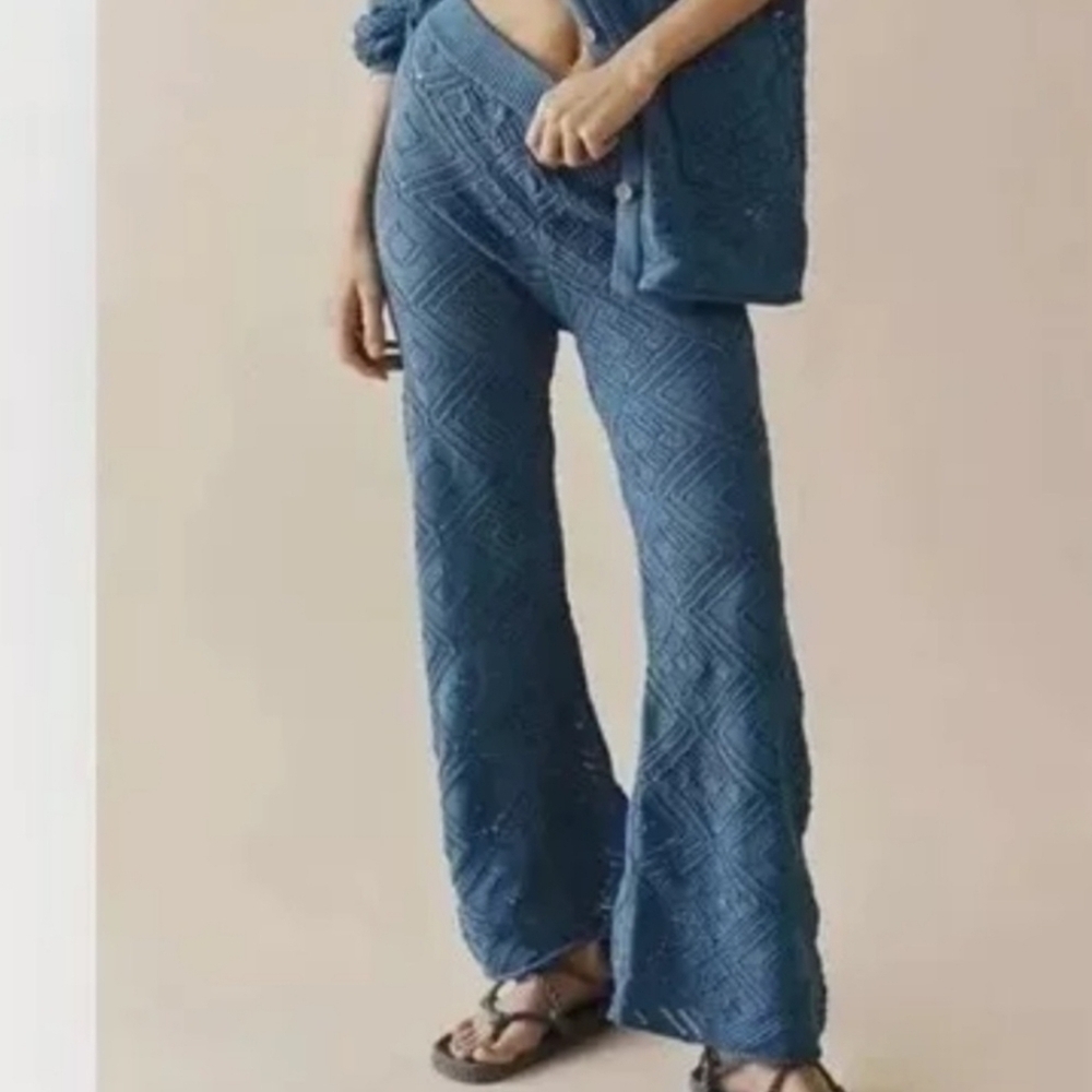 FREE PEOPLE Beach Get Away Crochet Knit Flare Pants, color Teal, XS